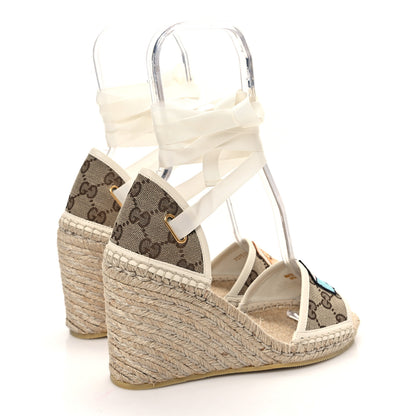 Gucci Monogram Patches Ankle Wrap Platform 35/120mm Espadrille Wedges 37.5 Beige White 4 of 9