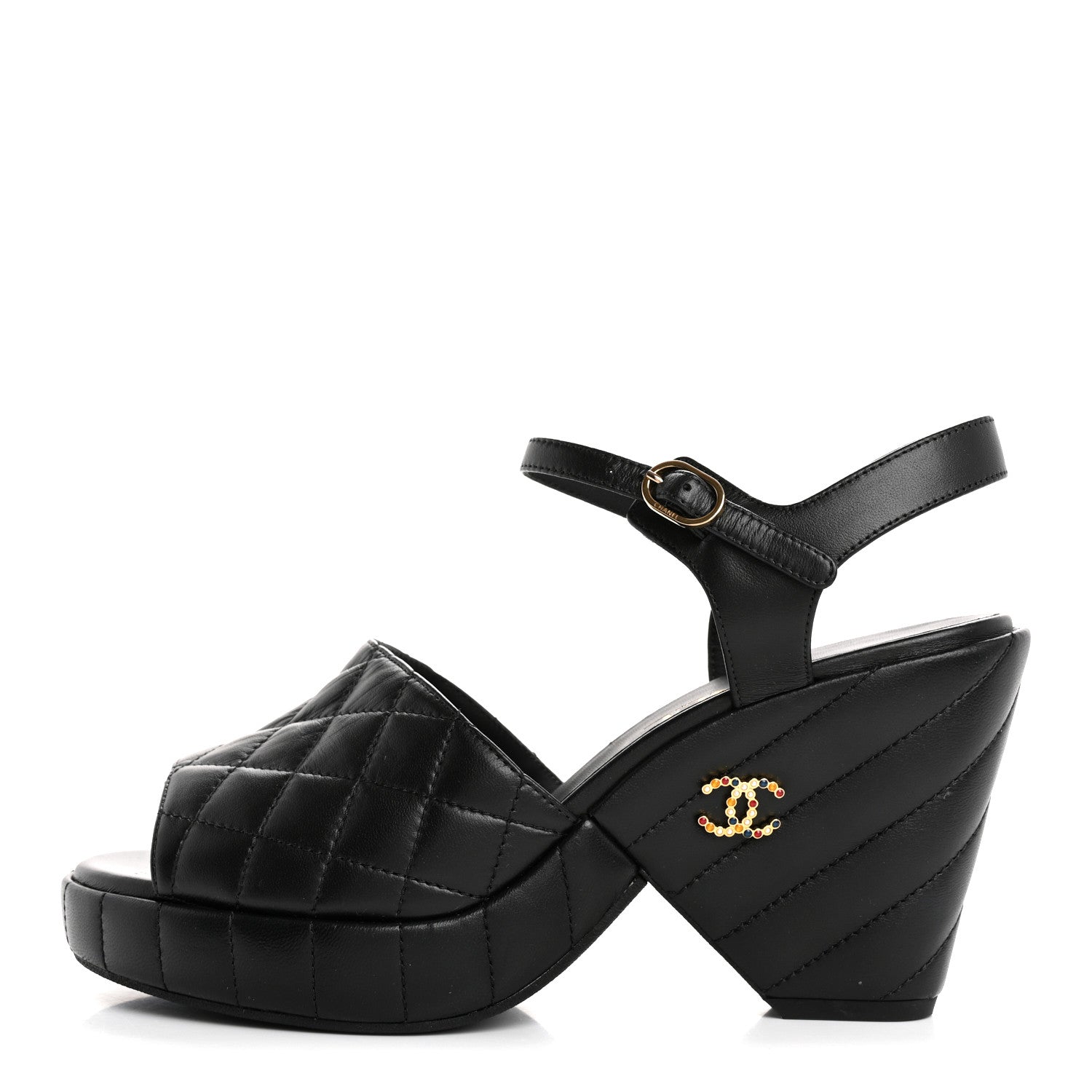 Chanel Lambskin Quilted Peep Toe Wedge Sandals 40 Black 1 of 12