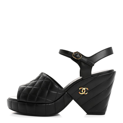 Chanel Lambskin Quilted Peep Toe Wedge Sandals 40 Black 1 of 12