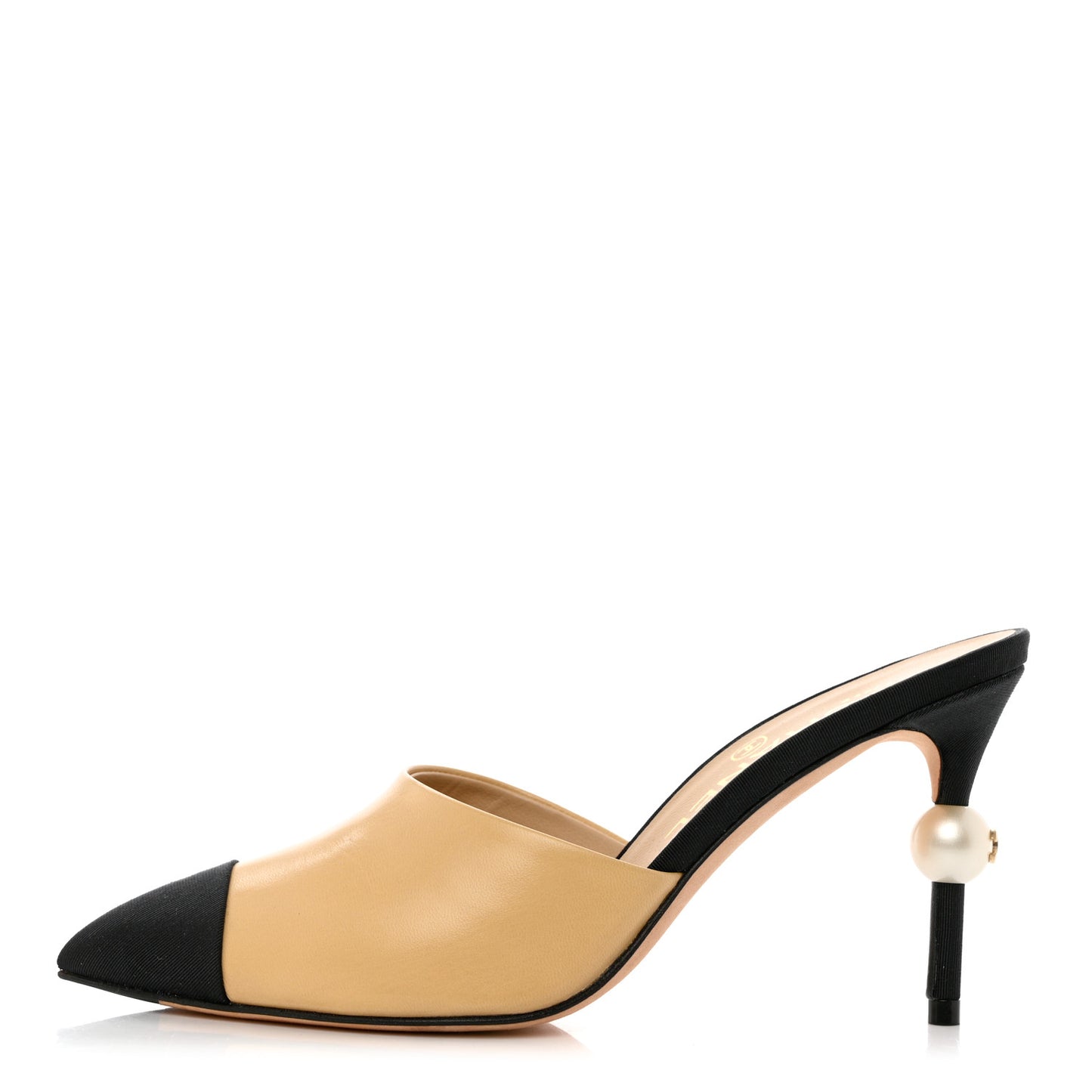 Goatskin Grosgrain Cap Toe Pearl Mule 36 Beige Black