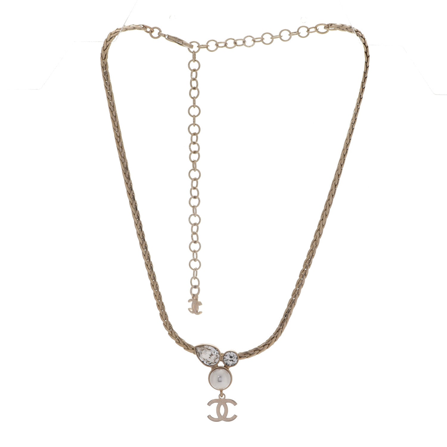 Chanel Pearl Crystal CC Teardrop Braided Necklace Gold 3 of 6