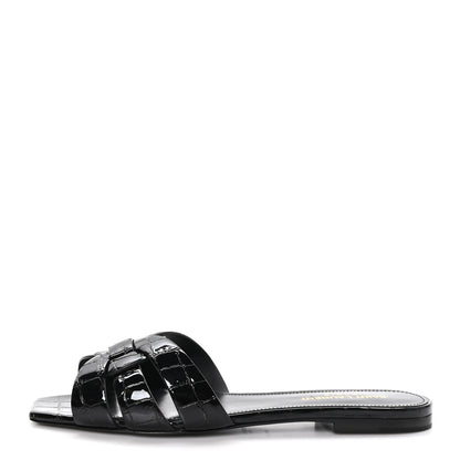 Saint Laurent Patent Croc Embossed Tribute 05 Slide Sandals 38 Black 1 of 10
