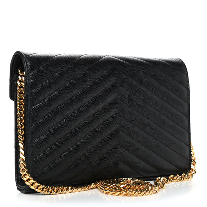Saint Laurent Grain De Poudre Matelasse Chevron Monogram Chain Wallet Black 2 of 5