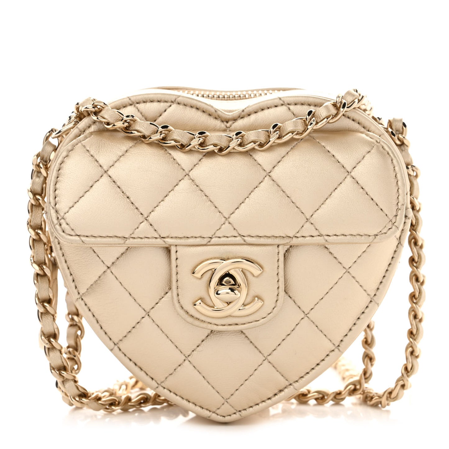 Metallic Lambskin Quilted CC In Love Heart Clutch With Chain Gold