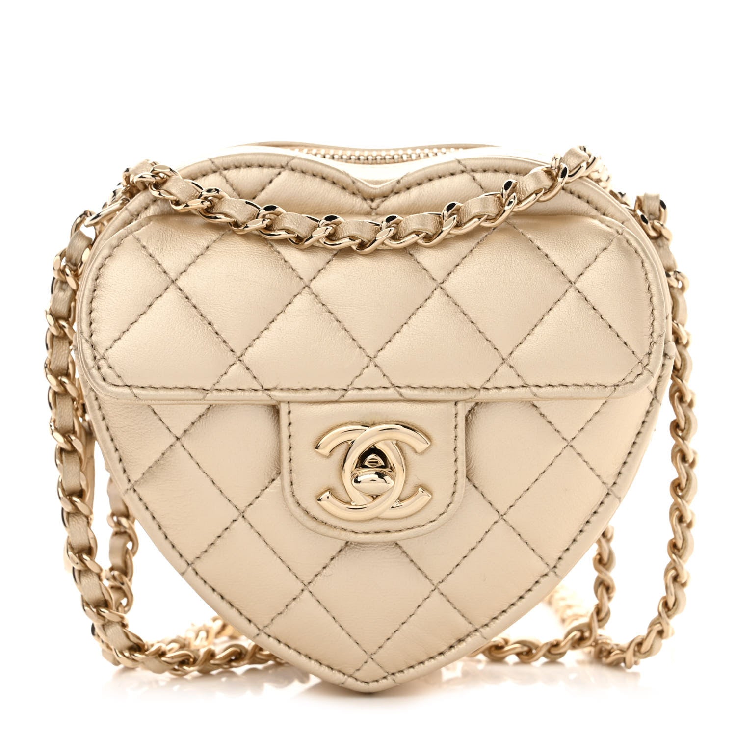Chanel Metallic Lambskin Quilted CC In Love Heart Clutch With Chain Gold 1 of 11