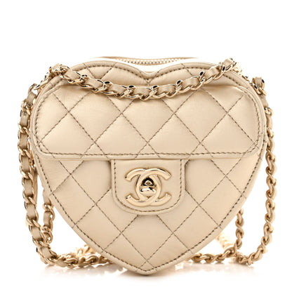 Chanel Metallic Lambskin Quilted CC In Love Heart Clutch With Chain Gold 1 of 11