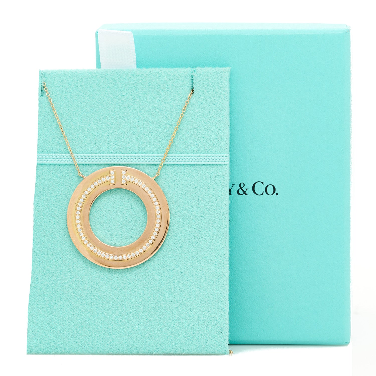 Tiffany 18K Rose Gold Diamond T Circle Pendant Necklace 6 of 6