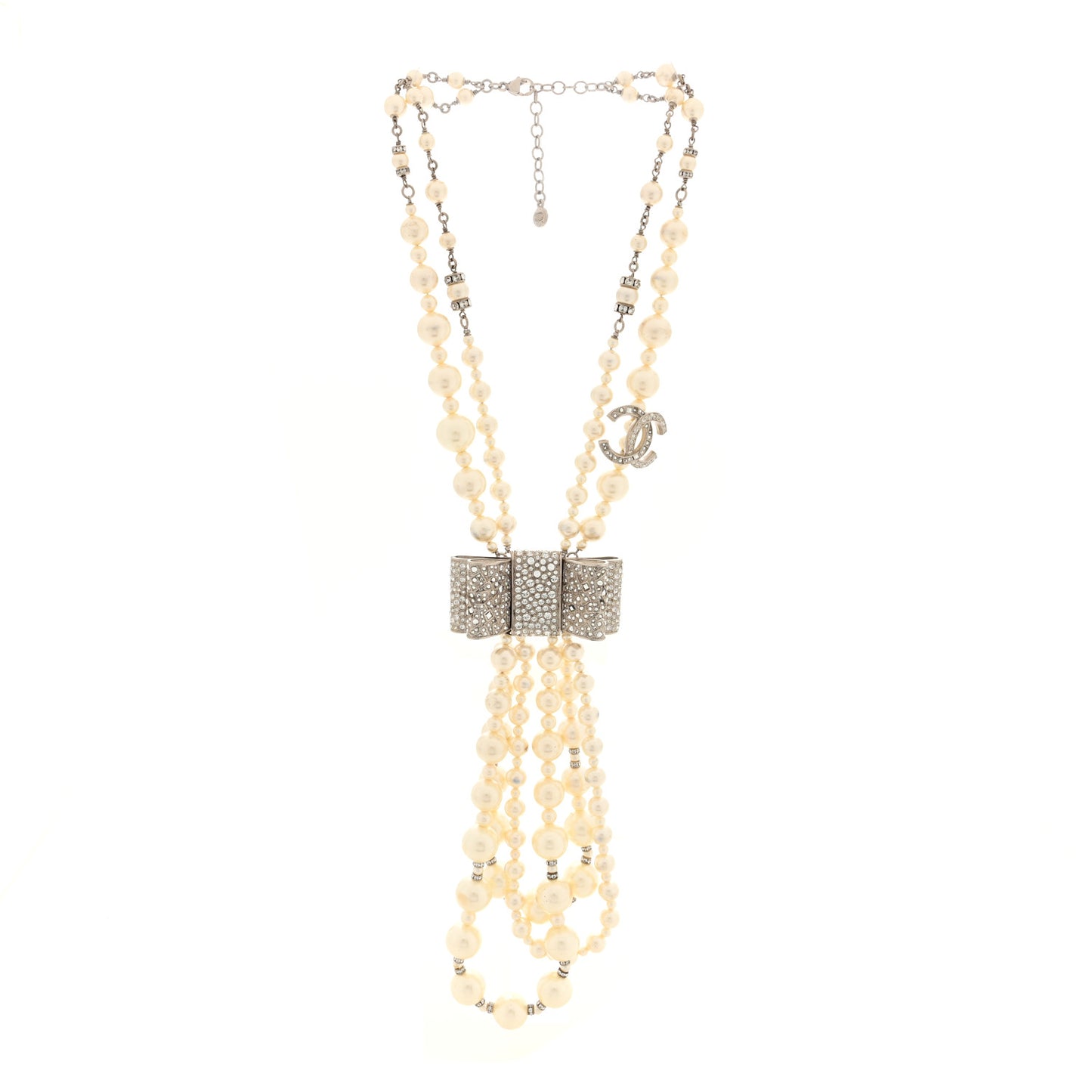 Pearl Crystal CC Bow Lavalier Necklace Silver