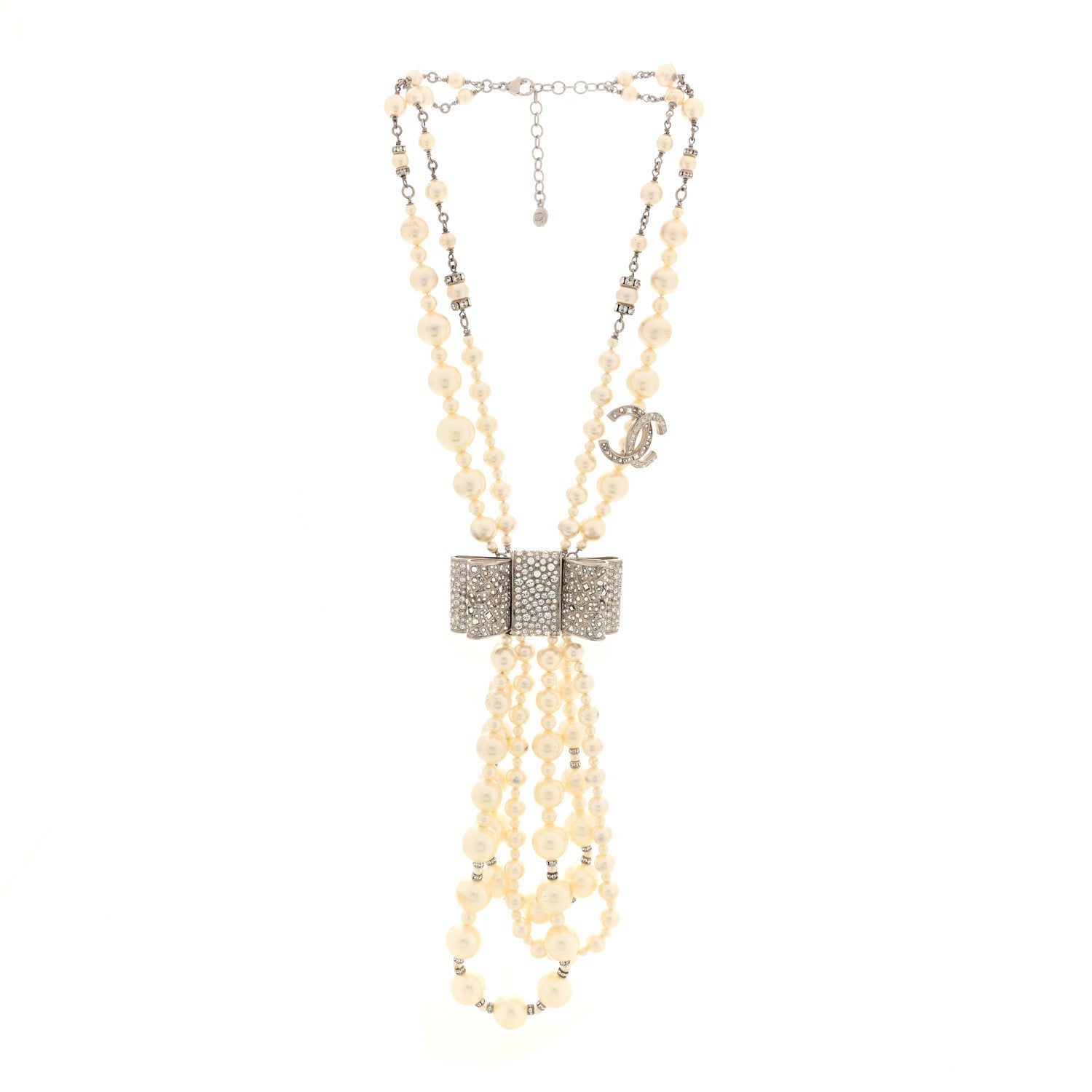 Chanel Pearl Crystal CC Bow Lavalier Necklace Silver 3 of 4