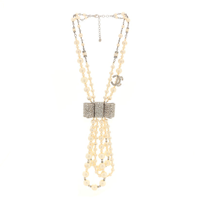 Chanel Pearl Crystal CC Bow Lavalier Necklace Silver 3 of 4