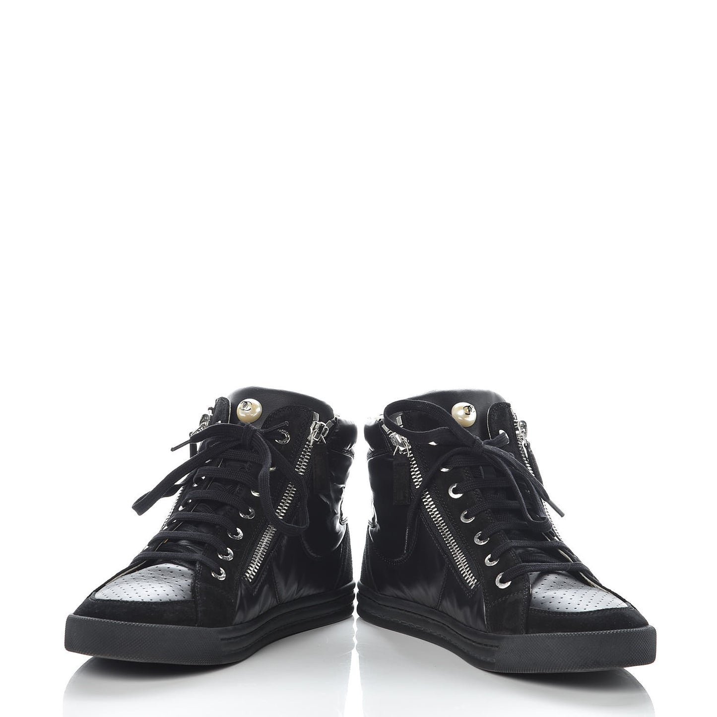 Calfskin Suede Zipped High Top CC Sneakers 38 Black