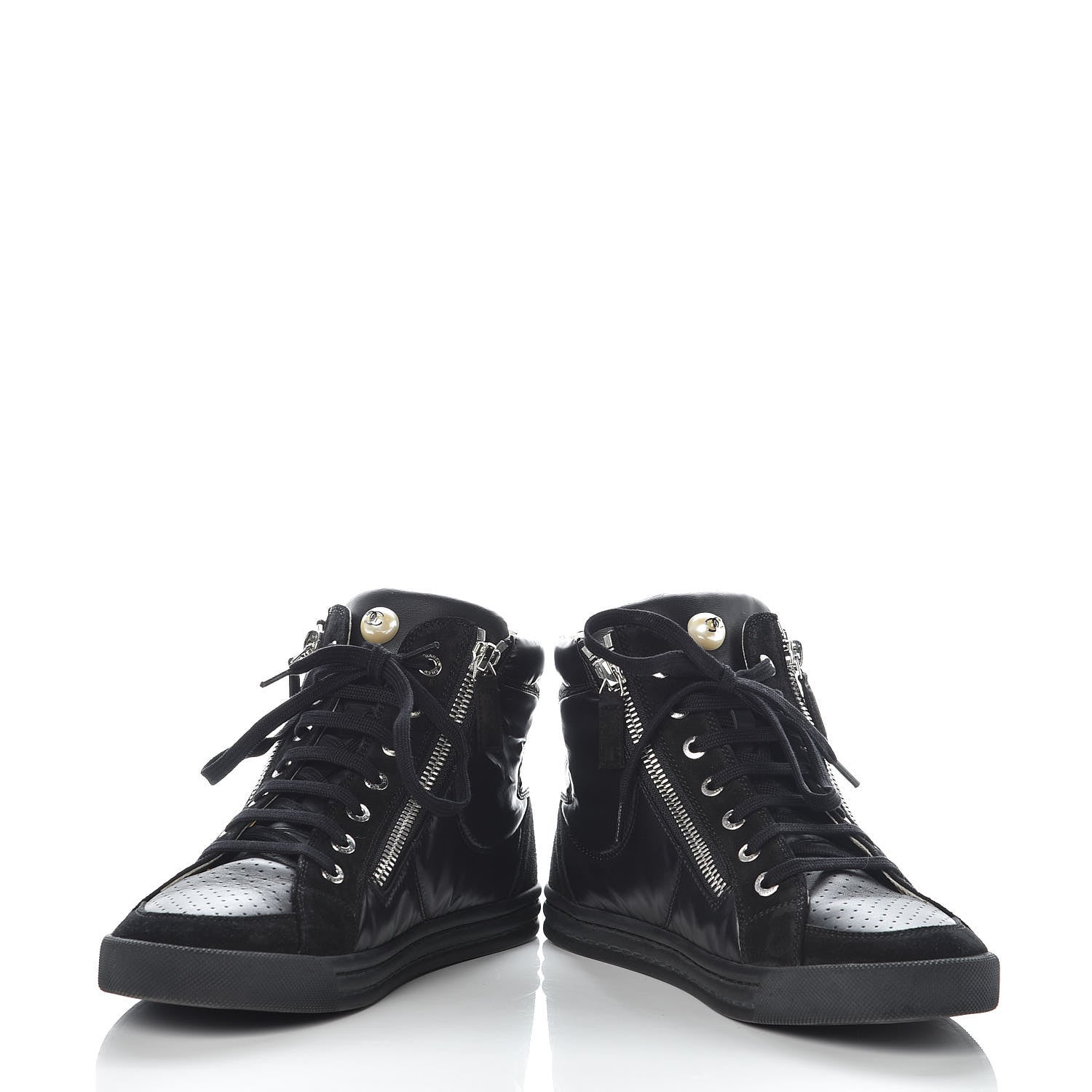 Chanel Calfskin Suede Zipped High Top CC Sneakers 38 Black 6 of 16