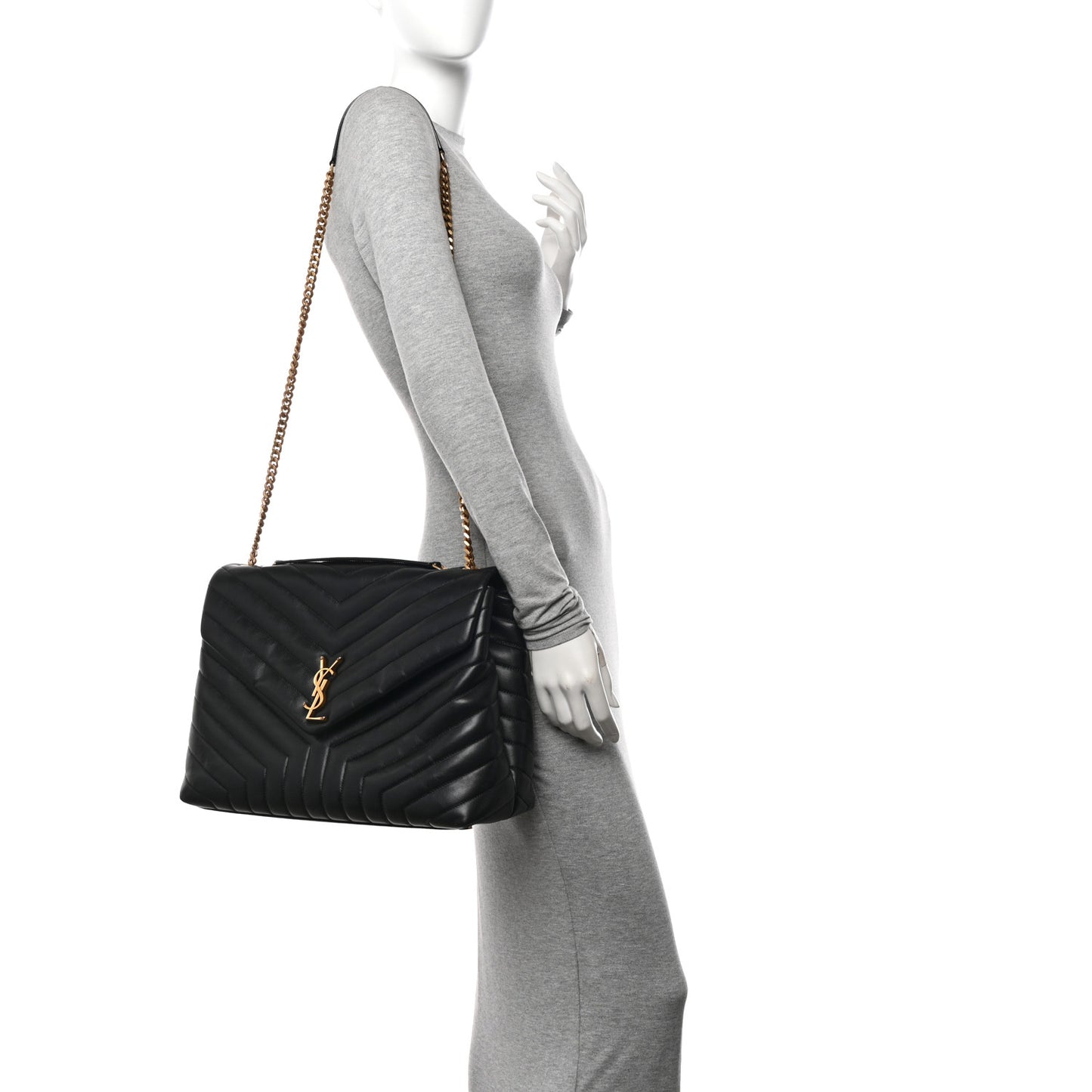 Calfskin Y Quilted Monogram Large Loulou Chain Satchel Black