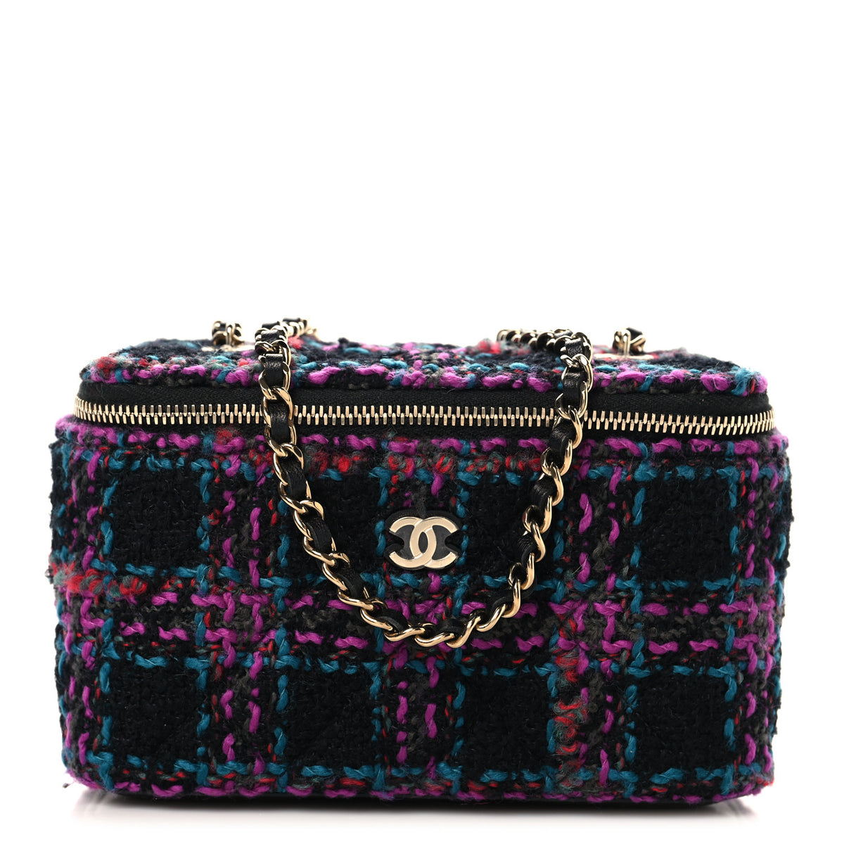 Chanel Tweed Quilted Small Vanity Case With Chain Black Purple Green Red 1 of 11