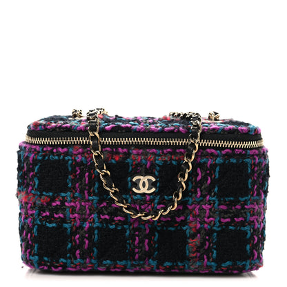 Chanel Tweed Quilted Small Vanity Case With Chain Black Purple Green Red 1 of 11
