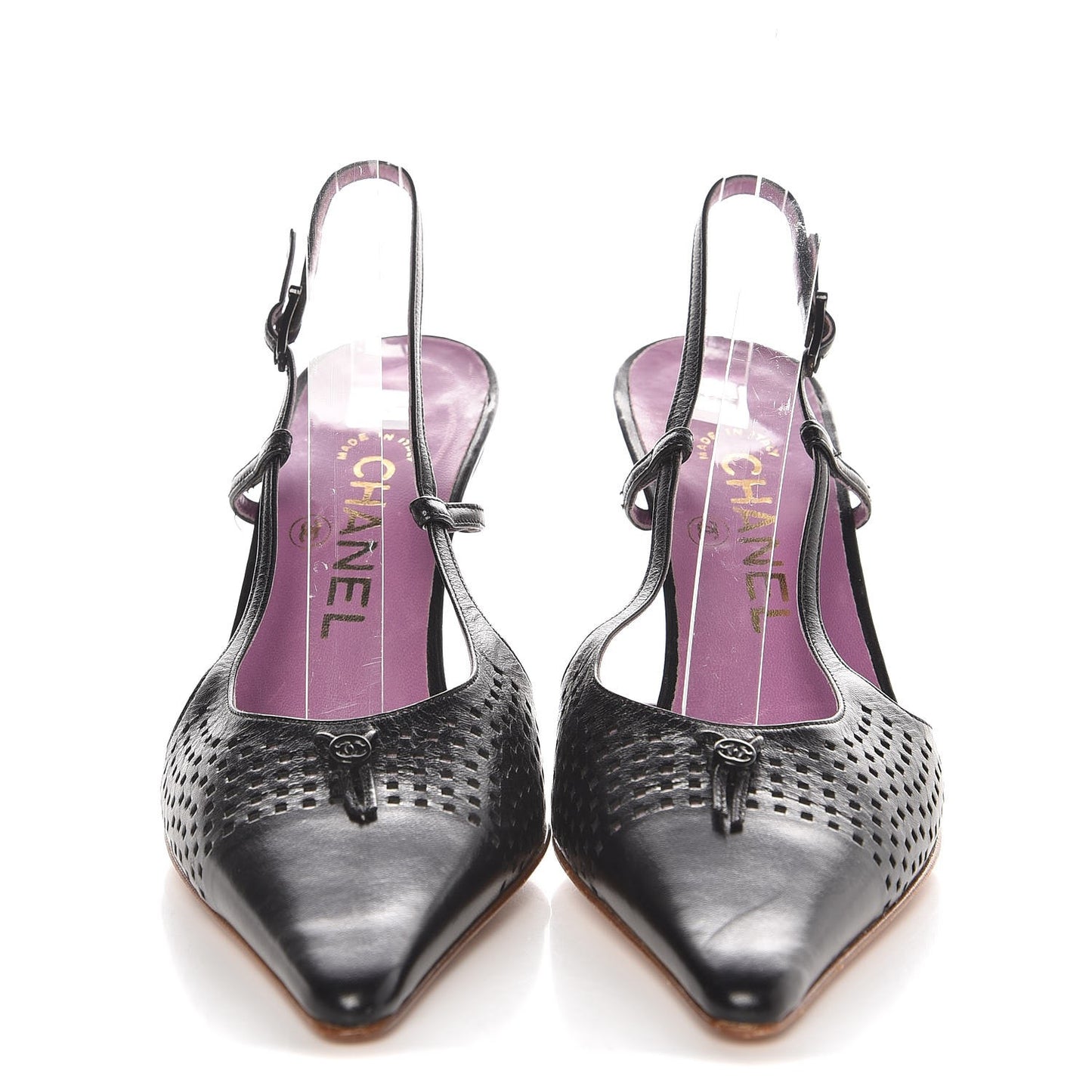 Lambskin Perforated CC Slingback Pumps 36 Black
