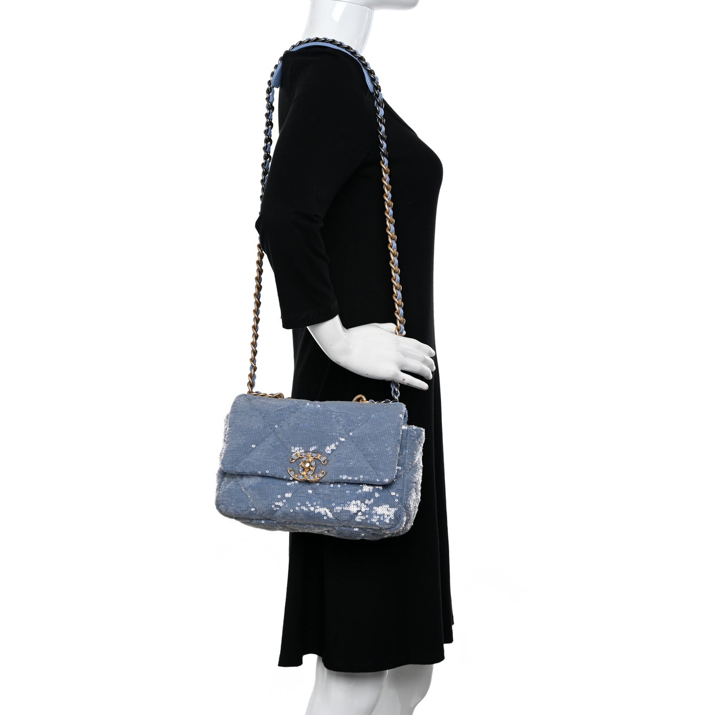 Sequin Quilted Medium Chanel 19 Flap Light Blue