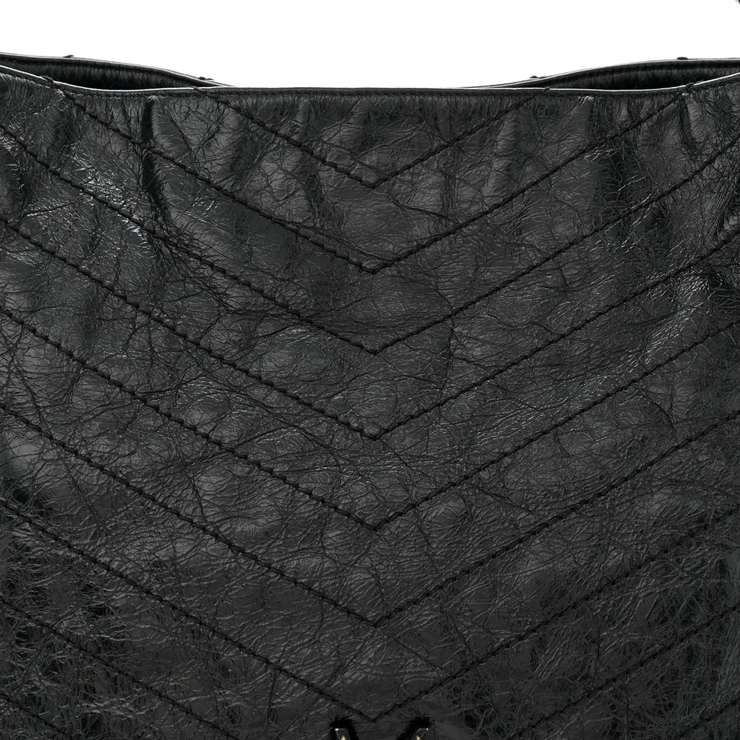Crinkled Calfskin Matelasse Monogram Large Niki Shopper Tote Black