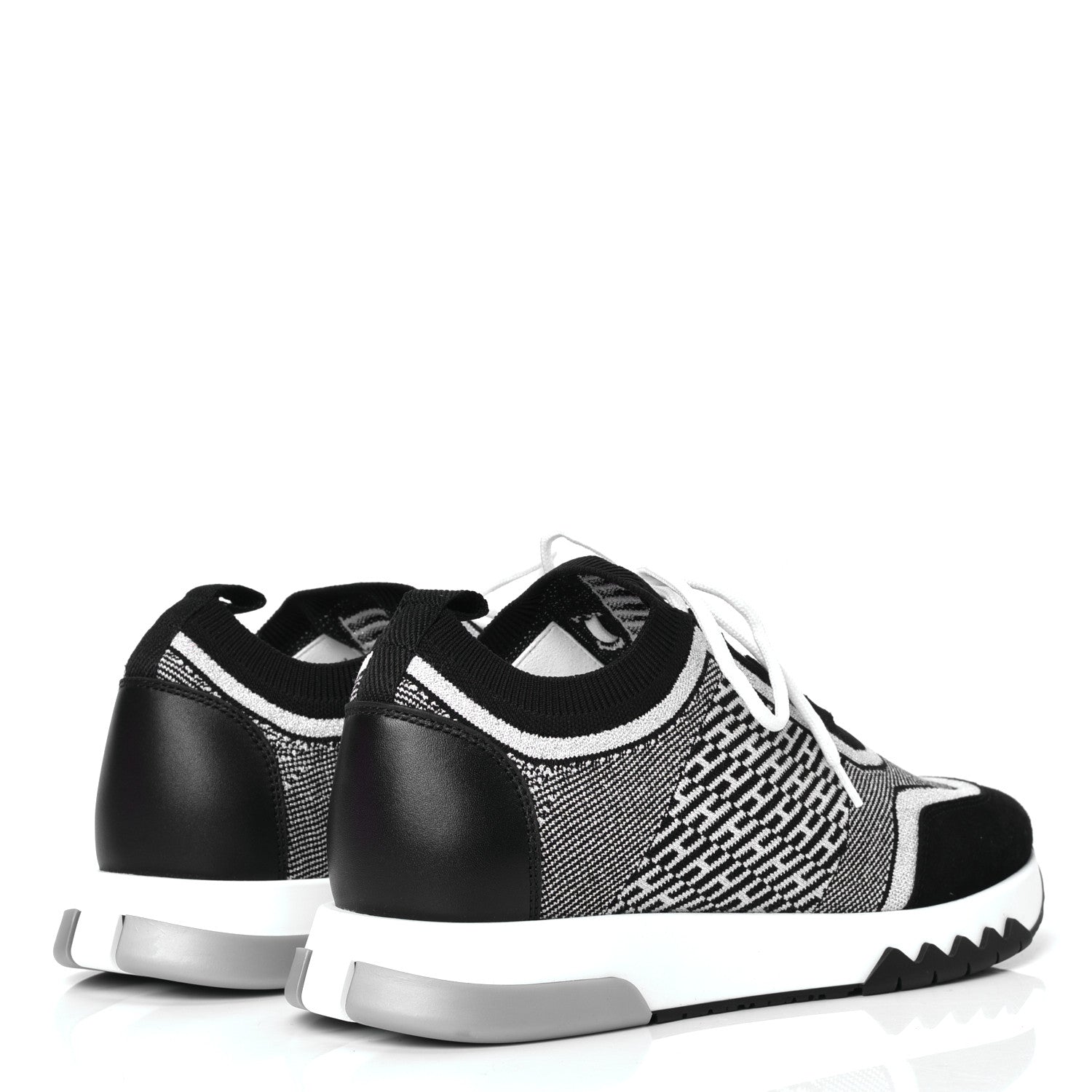Hermes Knit Calfskin Suede Goatskin Bi-Color Womens Addict Sneakers 38 Black White 3 of 4