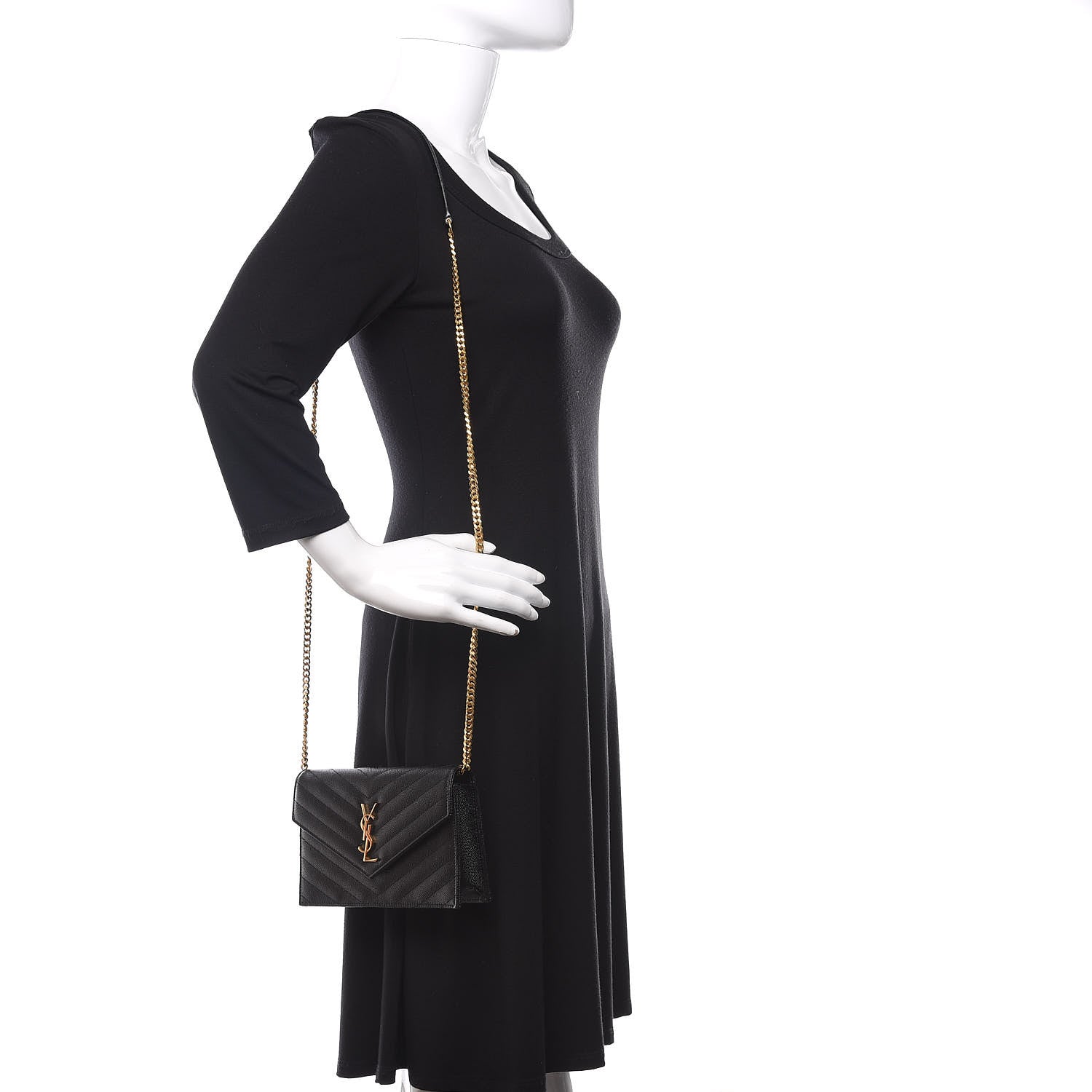 Saint Laurent Grain De Poudre Matelasse Chevron Monogram Envelope Chain Wallet Black 2 of 11
