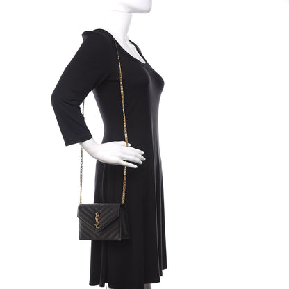 Saint Laurent Grain De Poudre Matelasse Chevron Monogram Envelope Chain Wallet Black 3 of 18