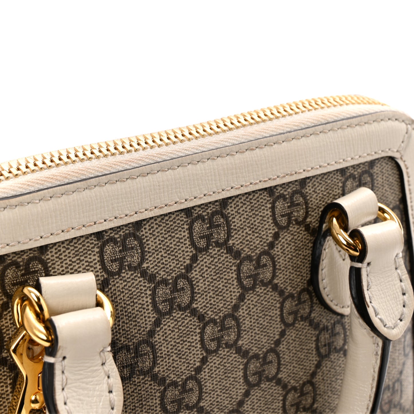 GG Supreme Monogram Azalea Calfskin Mini Horsebit 1955 Top Handle Bag Beige Ebony Mystic White