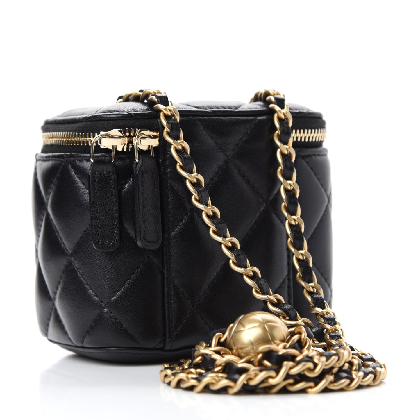 Lambskin Quilted Mini Pearl Crush Vanity Case With Chain Black