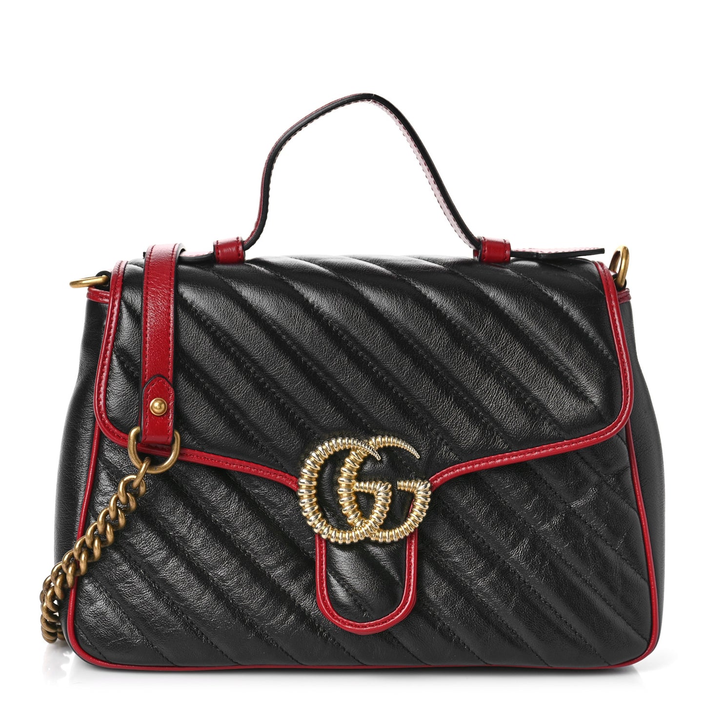 Vintage Effect Calfskin Matelasse Diagonal Small Torchon GG Marmont Top Handle Shoulder Bag Black Romantic Cherry