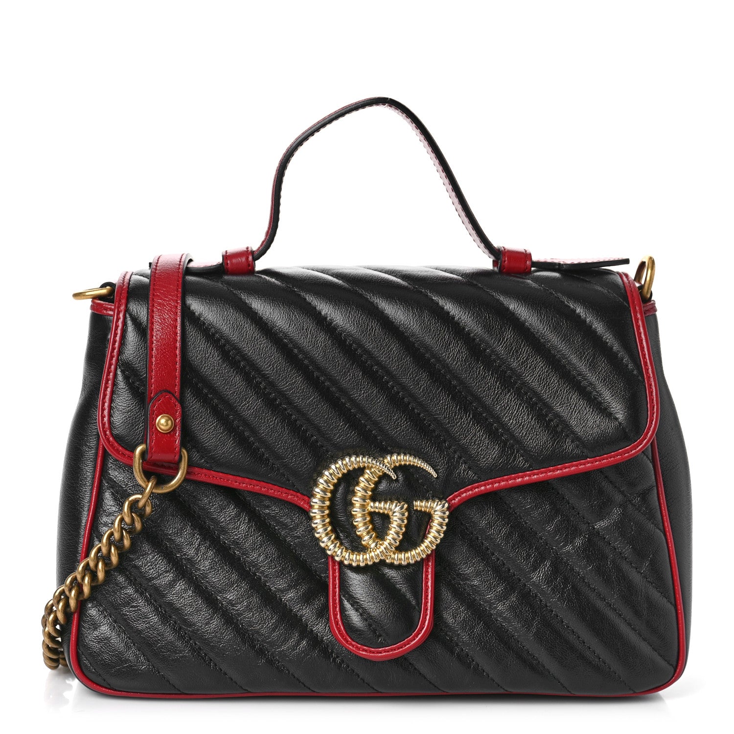 Gucci Vintage Effect Calfskin Matelasse Diagonal Small Torchon GG Marmont Top Handle Shoulder Bag Black Romantic Cherry 1 of 9