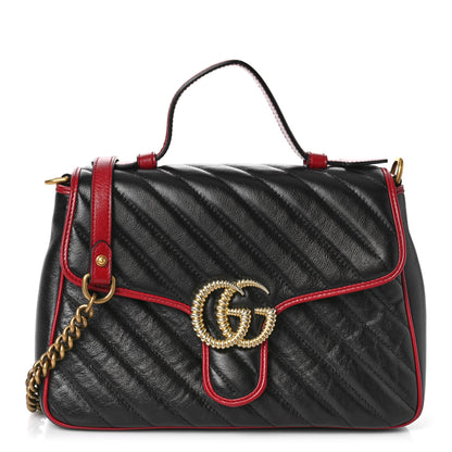Gucci Vintage Effect Calfskin Matelasse Diagonal Small Torchon GG Marmont Top Handle Shoulder Bag Black Romantic Cherry 1 of 9