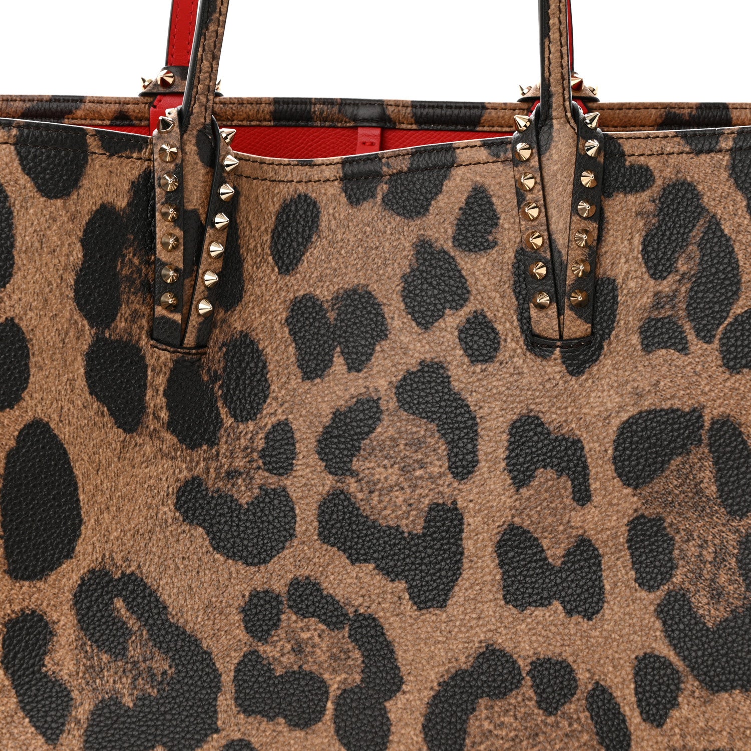 Christian Louboutin Calfskin Leopard Print Spikes East West Cabata Tote Brown 9 of 12