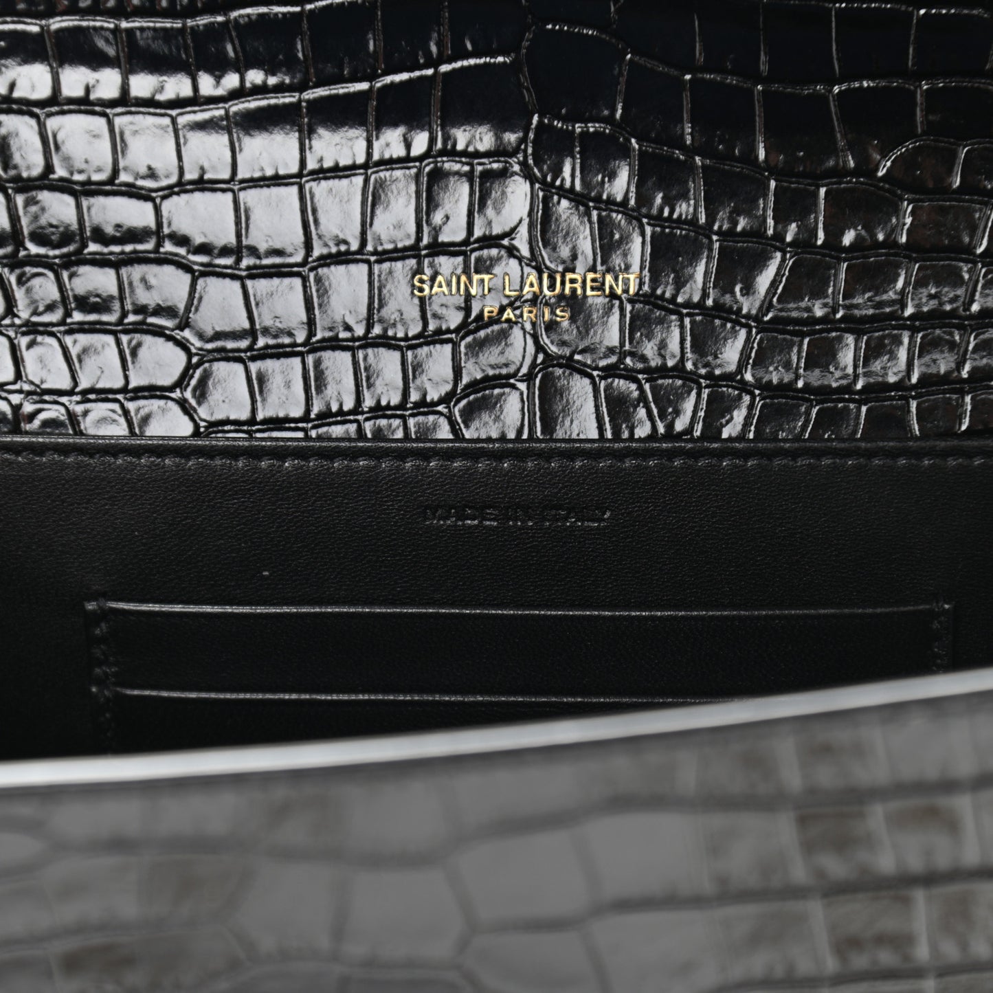 Calfskin Crocodile Embossed Monogram Cassandra Chain Wallet Black