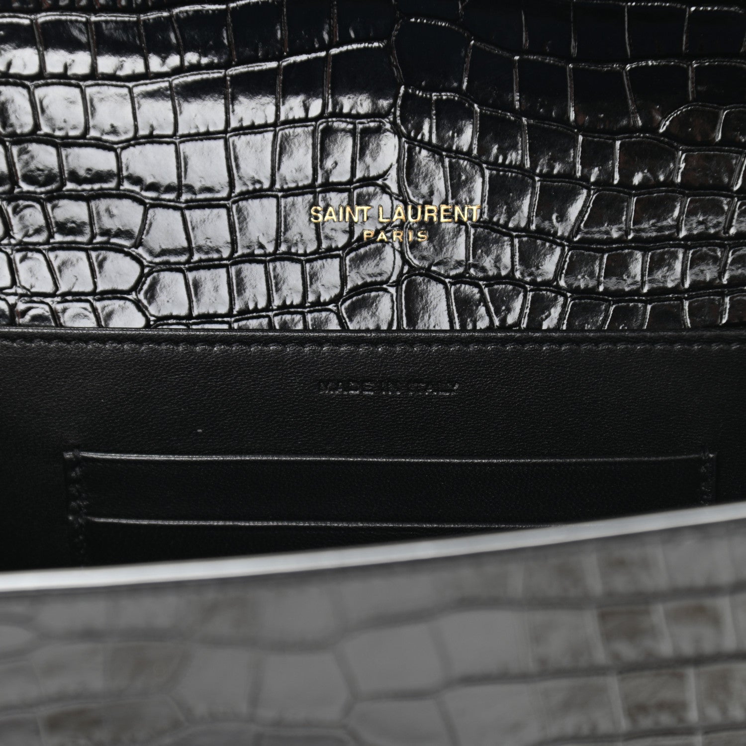 Saint Laurent Calfskin Crocodile Embossed Monogram Cassandra Chain Wallet Black 7 of 10