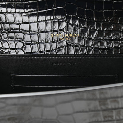 Saint Laurent Calfskin Crocodile Embossed Monogram Cassandra Chain Wallet Black 7 of 10