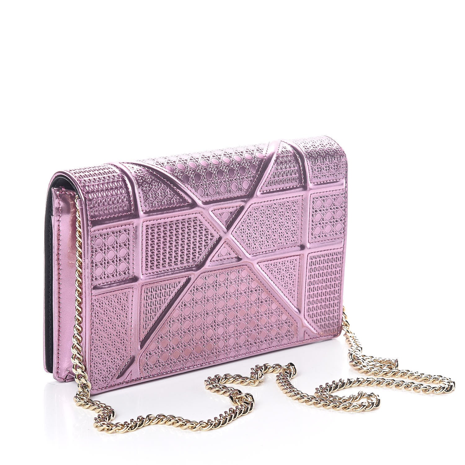 Christian Dior Metallic Patent Micro-Cannage Diorama Wallet on Chain Pouch Pink 3 of 9