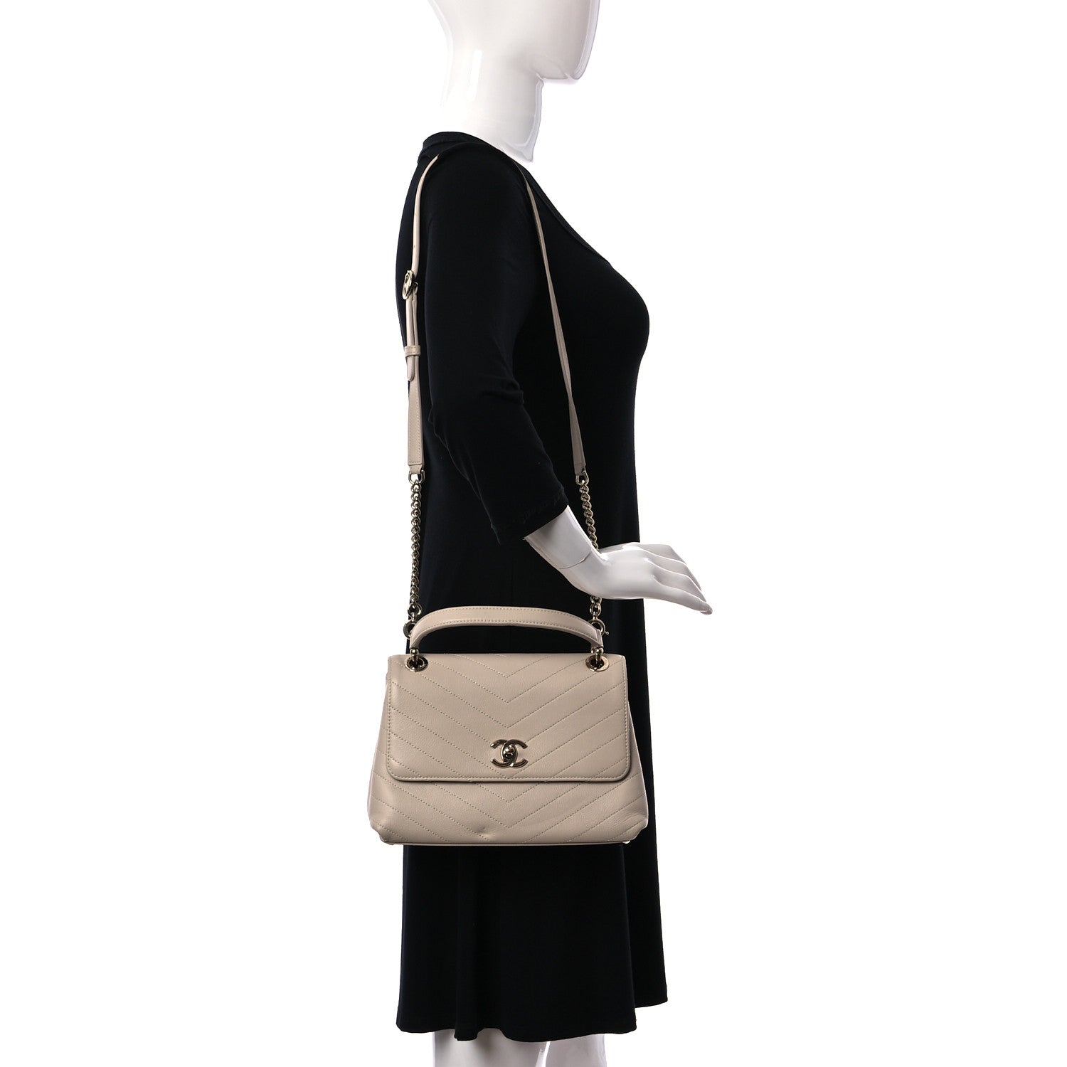Chanel Grained Calfskin Small Chevron Chic Top Handle Flap Beige 2 of 17