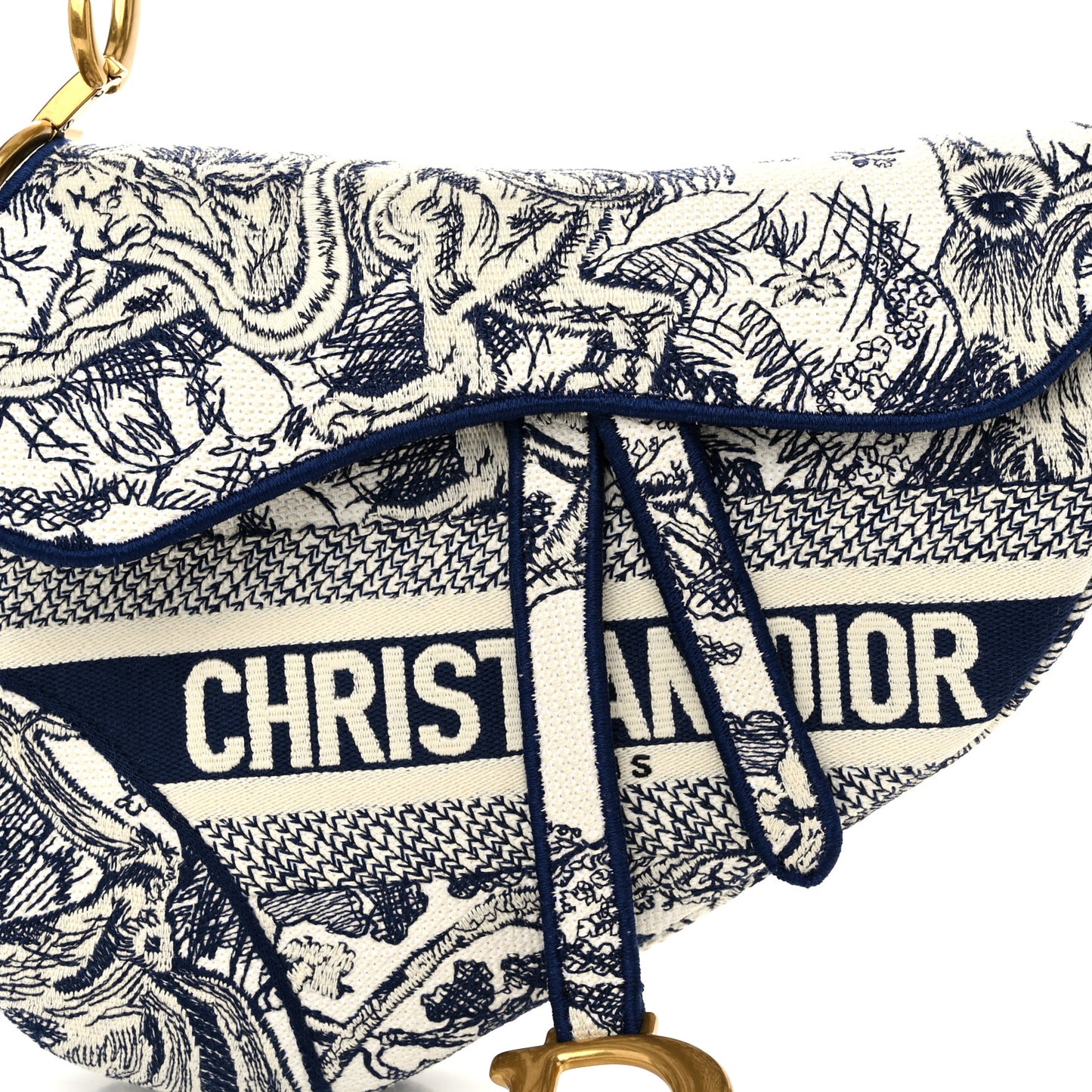 Canvas Embroidered Toile de Jouy Saddle Bag Blue