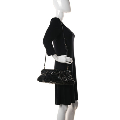 Balenciaga Shiny Supple Calfskin Logo Crocodile Embossed XL Cloud Clutch Black White 2 of 9