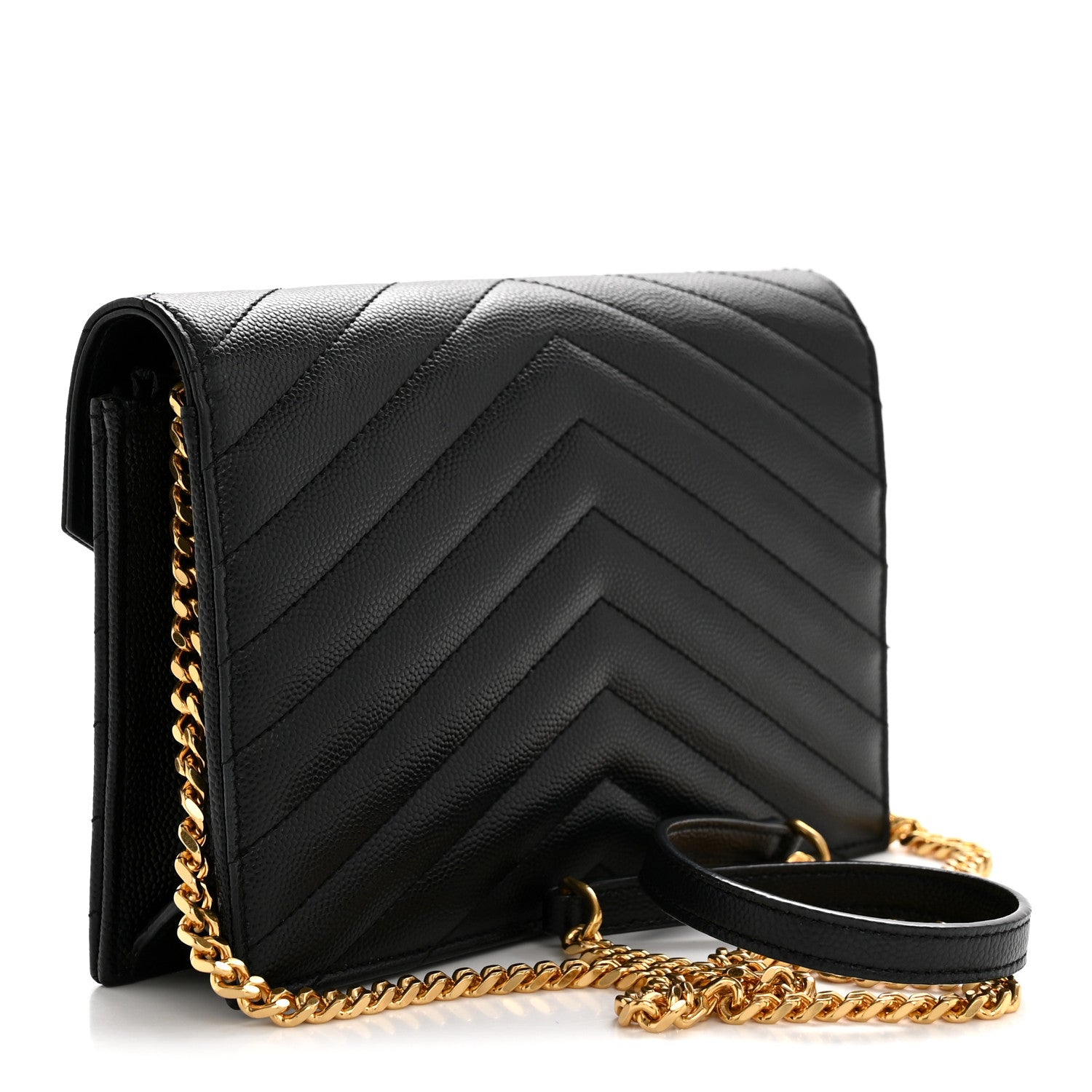 Saint Laurent Grain De Poudre Matelasse Chevron Monogram Envelope Chain Wallet Black 3 of 13