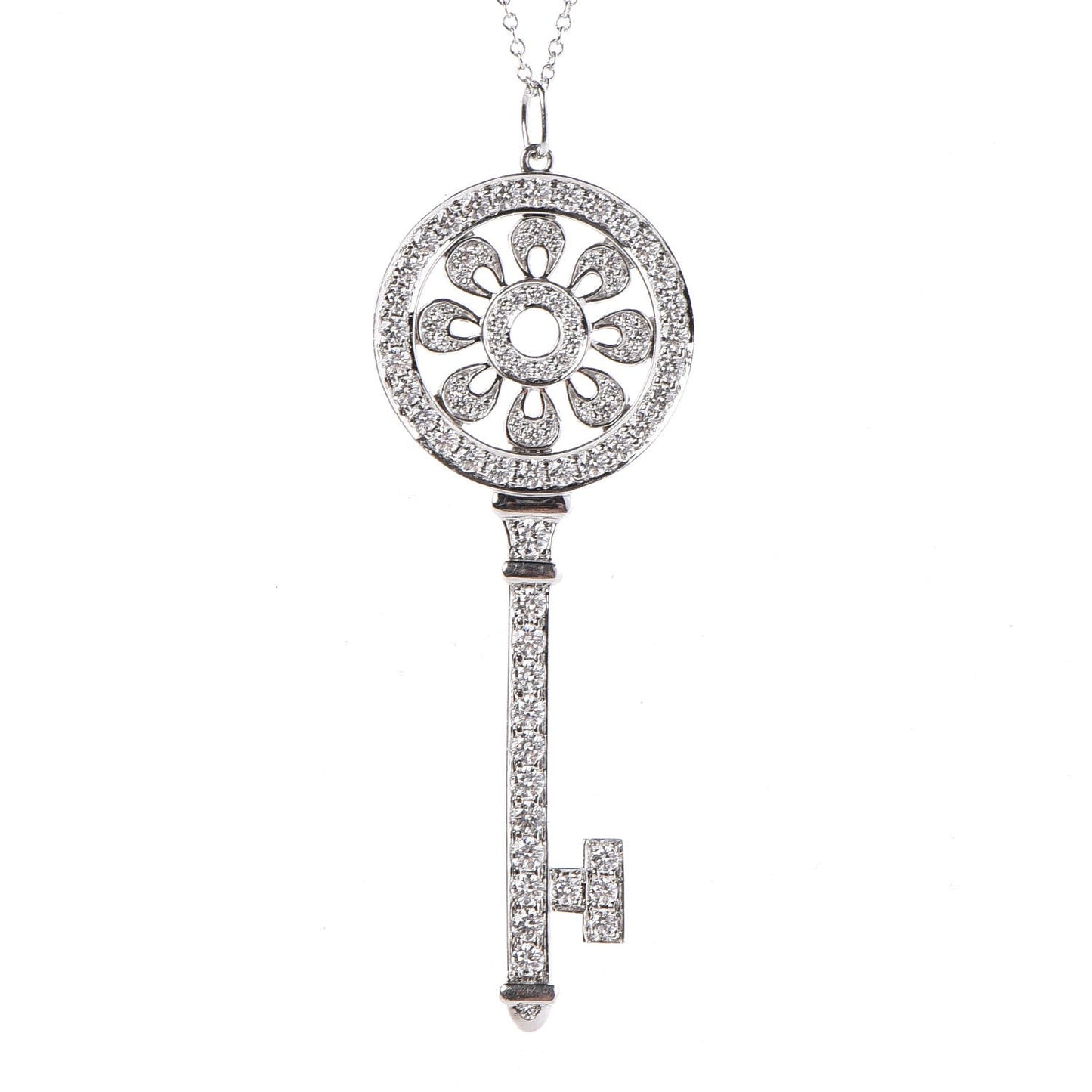 Platinum Diamond Petals Key Pendant Necklace
