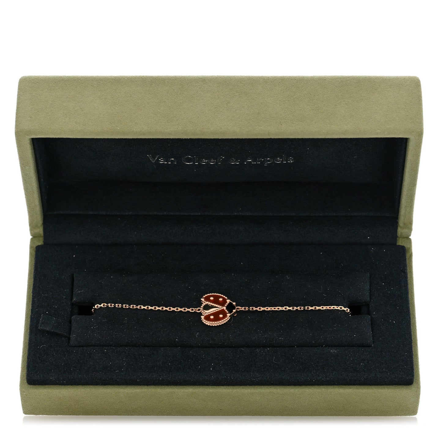 18K Rose Gold Carnelian Onyx Lucky Spring Open Wing Lady Bug Bracelet
