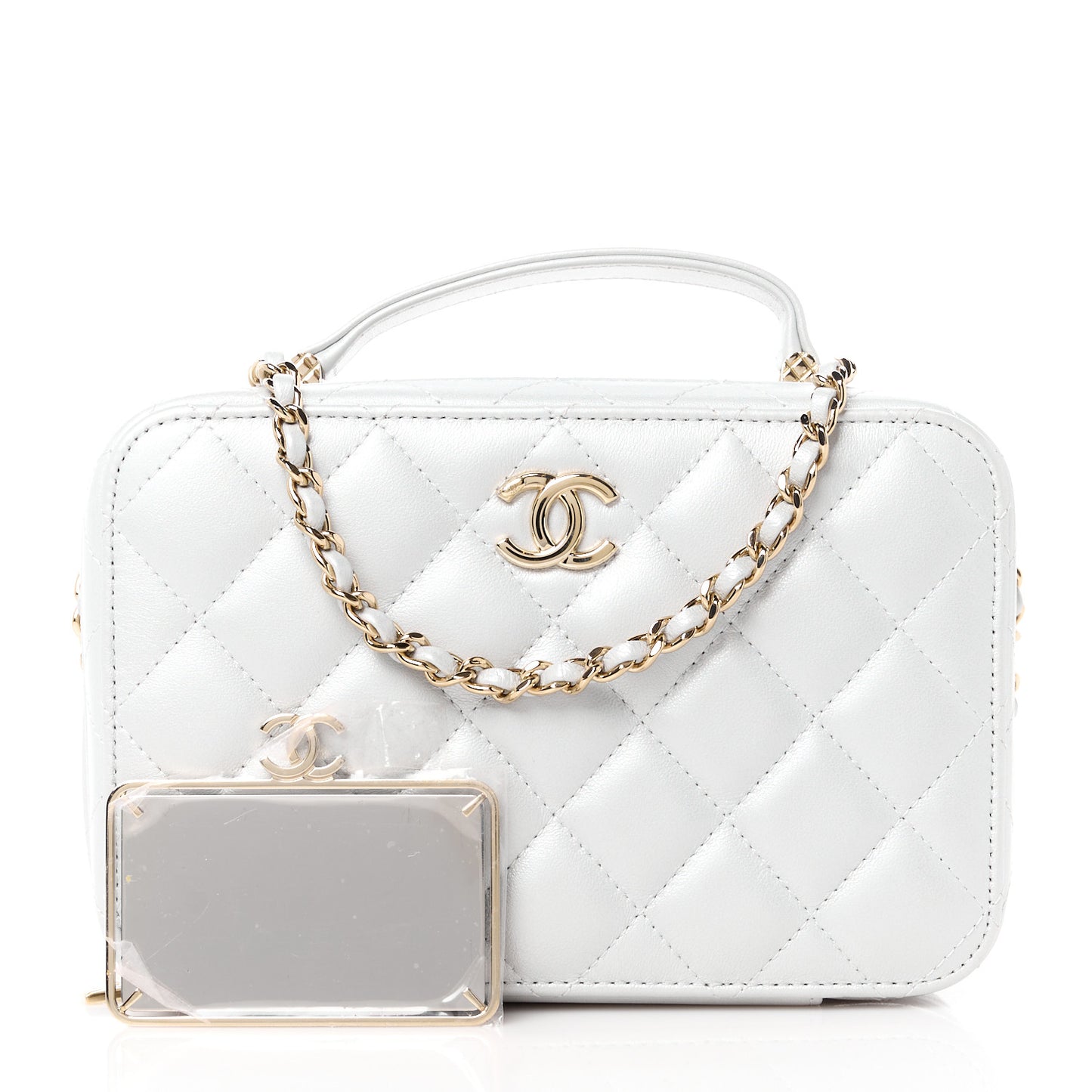 Metallic Lambskin Quilted Top Handle Vanity Case Silver