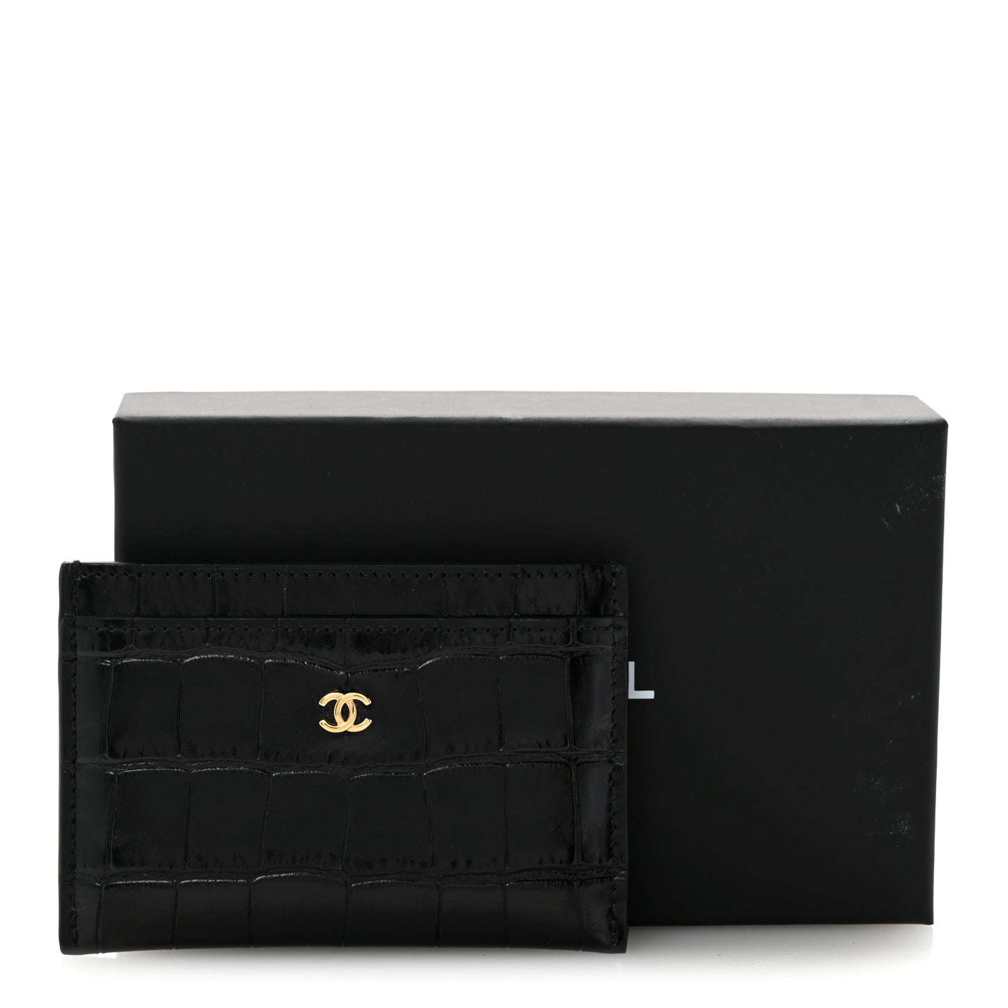 Calfskin Crocodile Embossed Crococo Card Holder Black