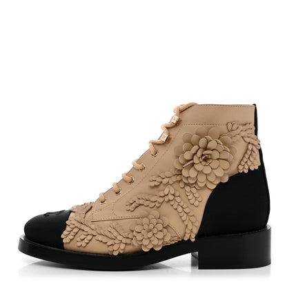 Chanel Embroidered Lambskin Grosgrain Lace Up Boots 38 Beige Black 1 of 8
