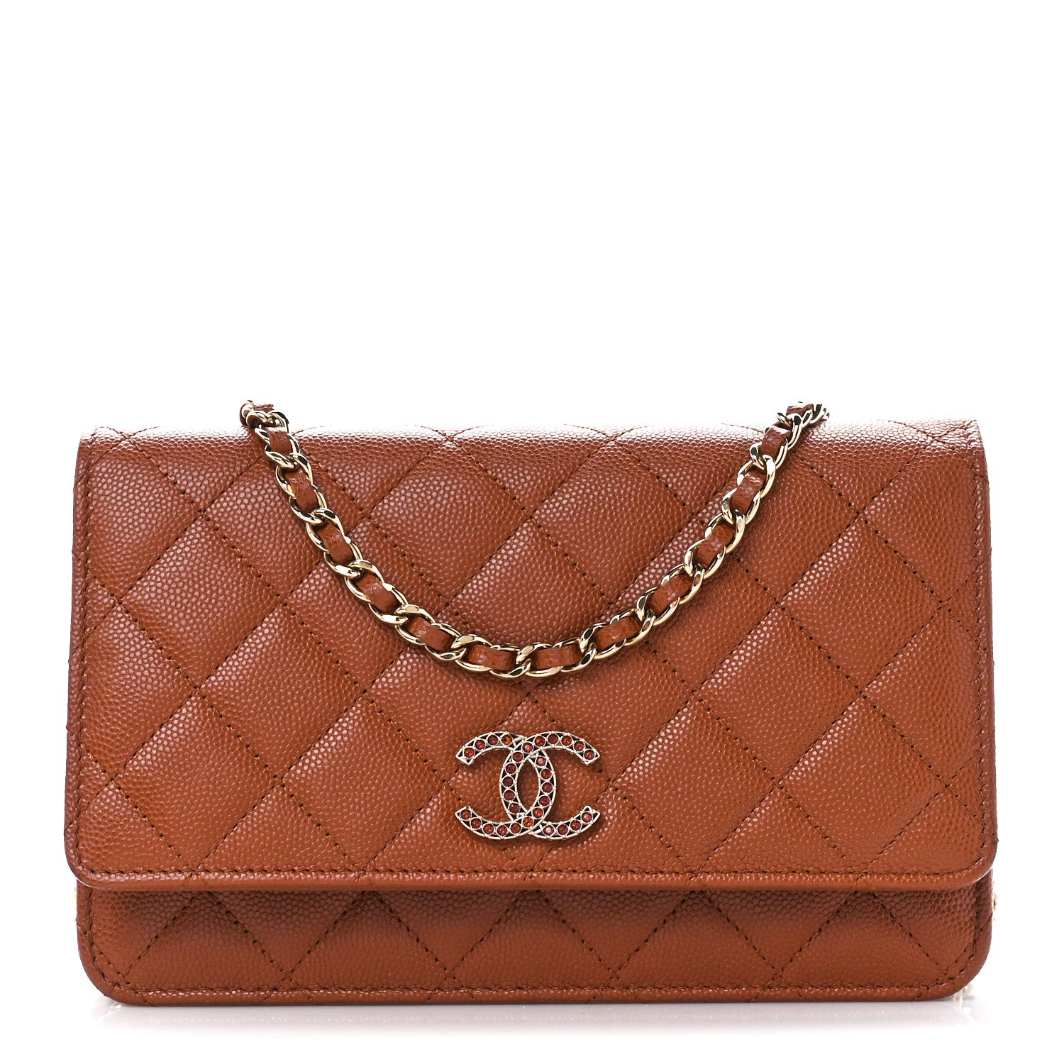 Chanel Shiny Caviar Quilted Strass Wallet On Chain WOC Light Brown 1 of 12