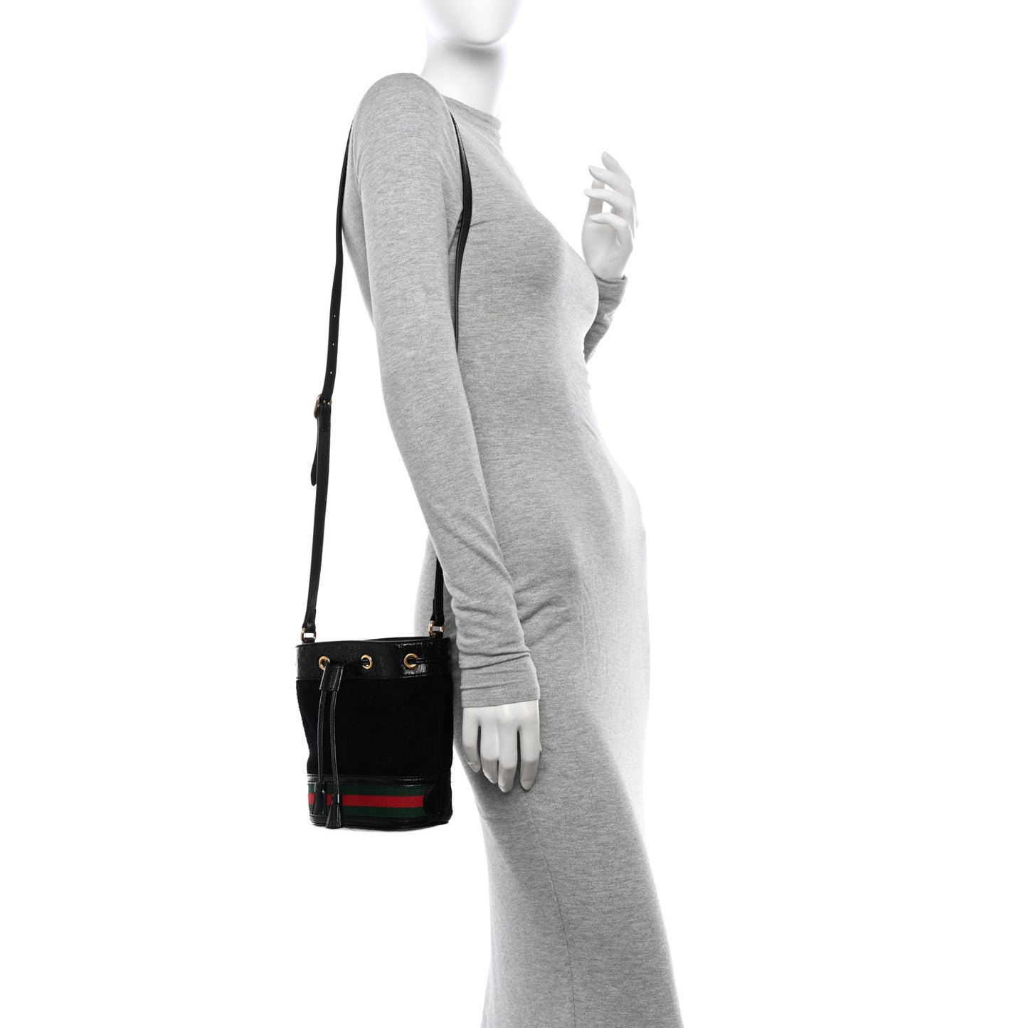 Suede Patent Web Mini Ophidia Bucket Bag Black