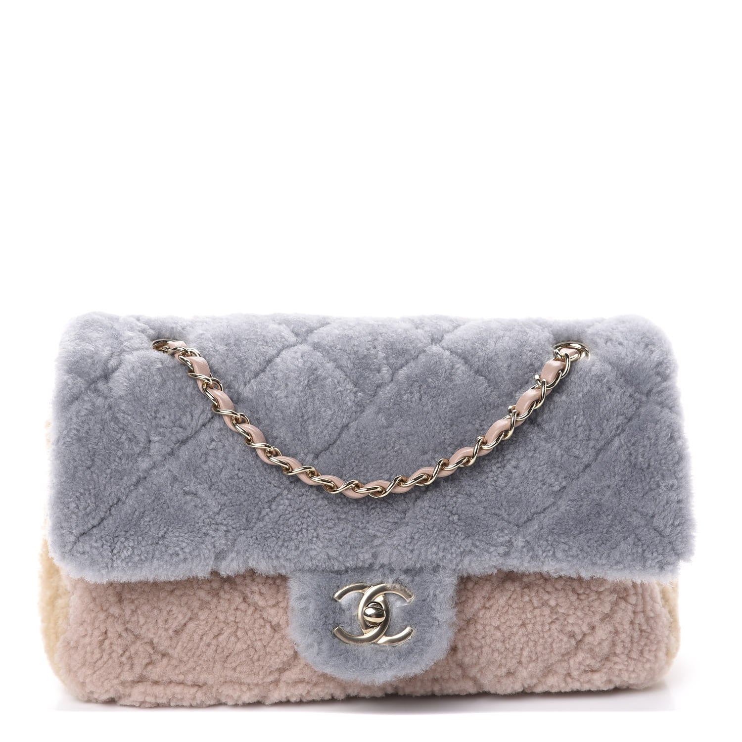 Chanel Shearling Sheepskin Single Flap Gray Pink Beige 1 of 10