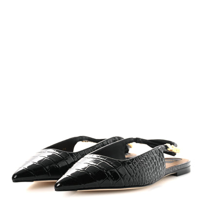 Fendi Vitello Stampa Crocodile Embossed Slingback Flats 37 Black 4 of 11