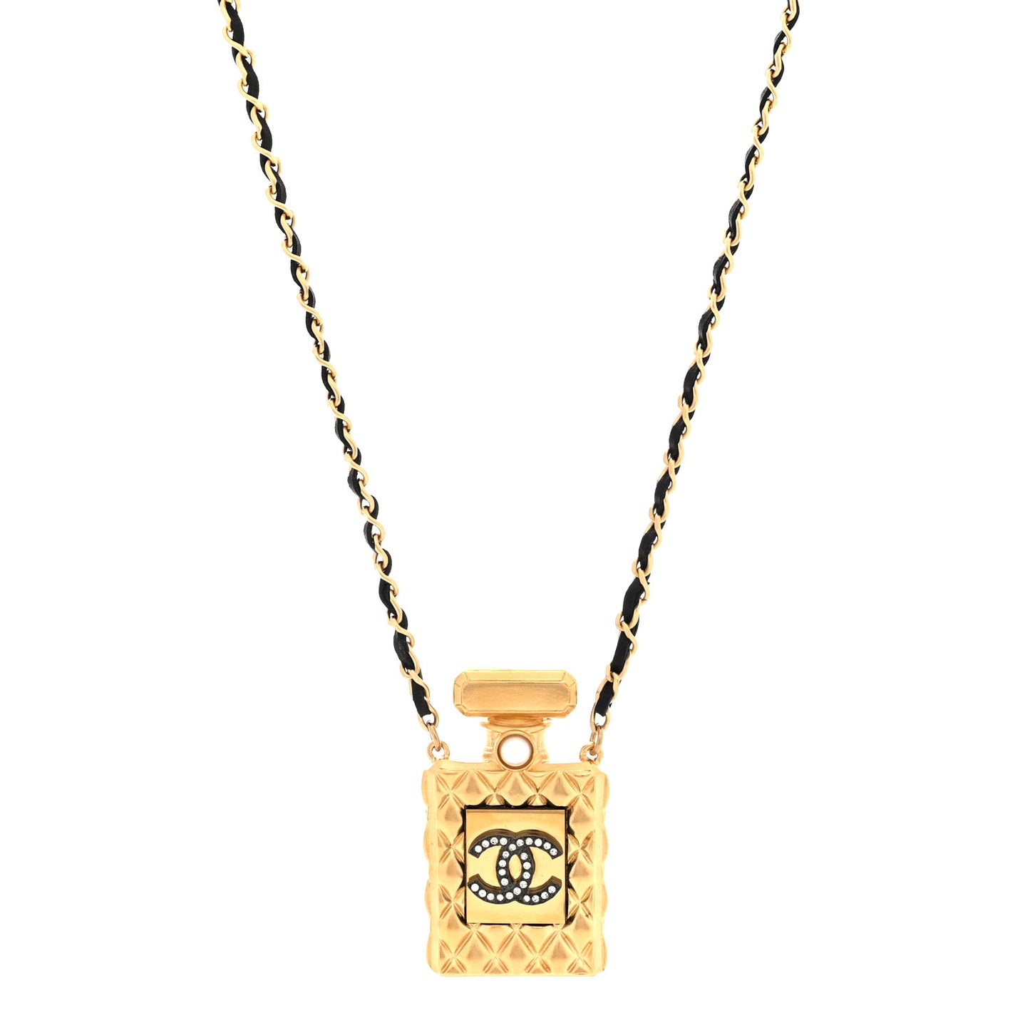 Lambskin Crystal Pearl Perfume Bottle CC Necklace Gold