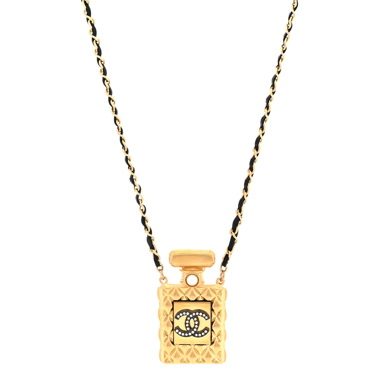 Chanel Lambskin Crystal Pearl Perfume Bottle CC Necklace Gold 1 of 5
